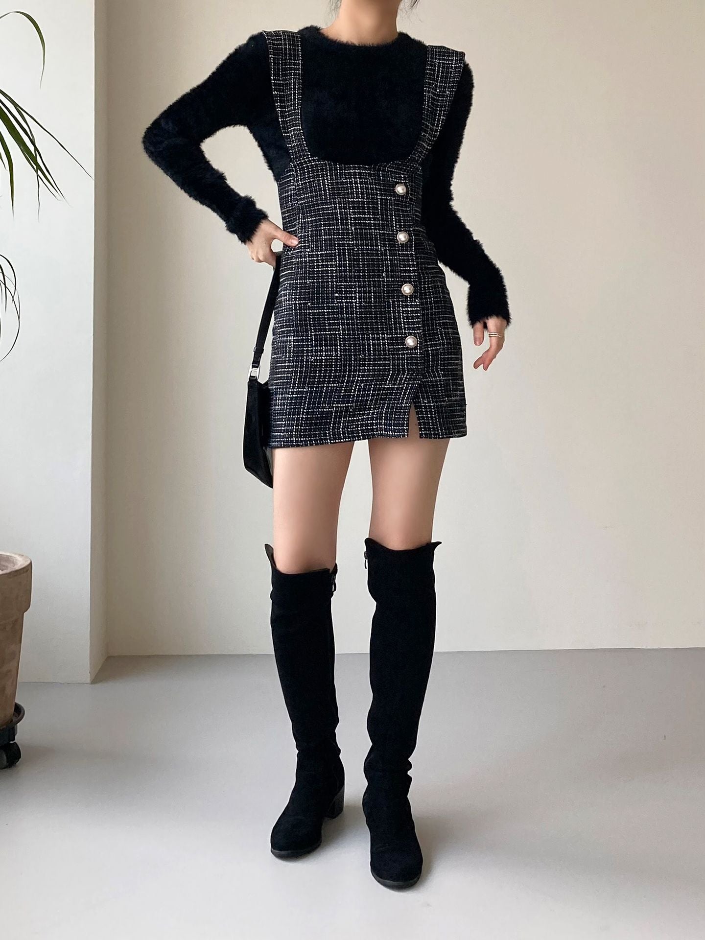 Foil Tweed Suspenders Overall - K-FASHION