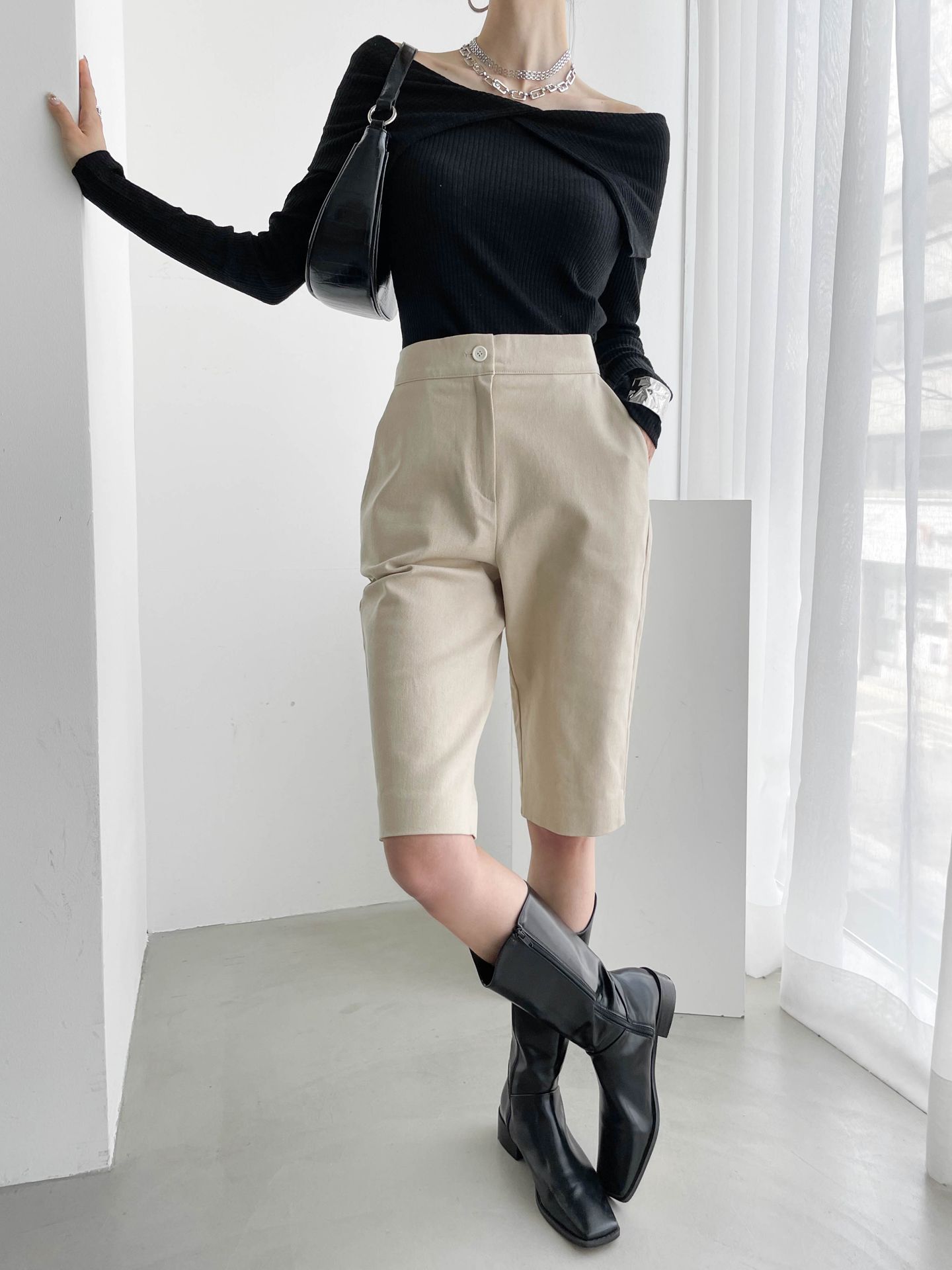 Long & Thin Look Cotton Half Pants - K-FASHION