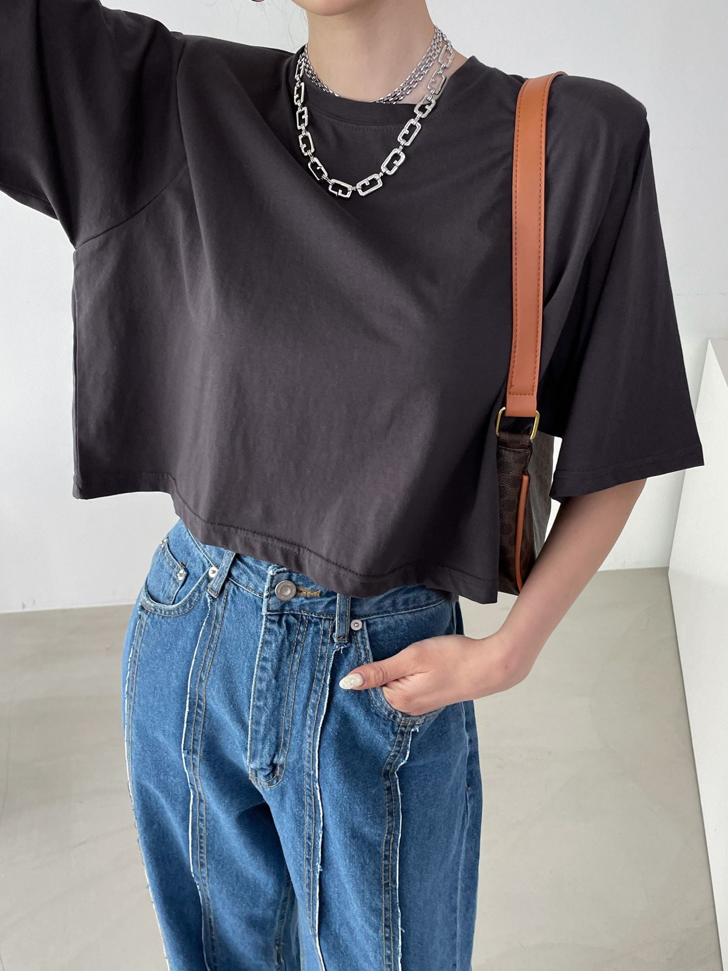 Washed Cotton Pad Crop Tee - K-FASHION