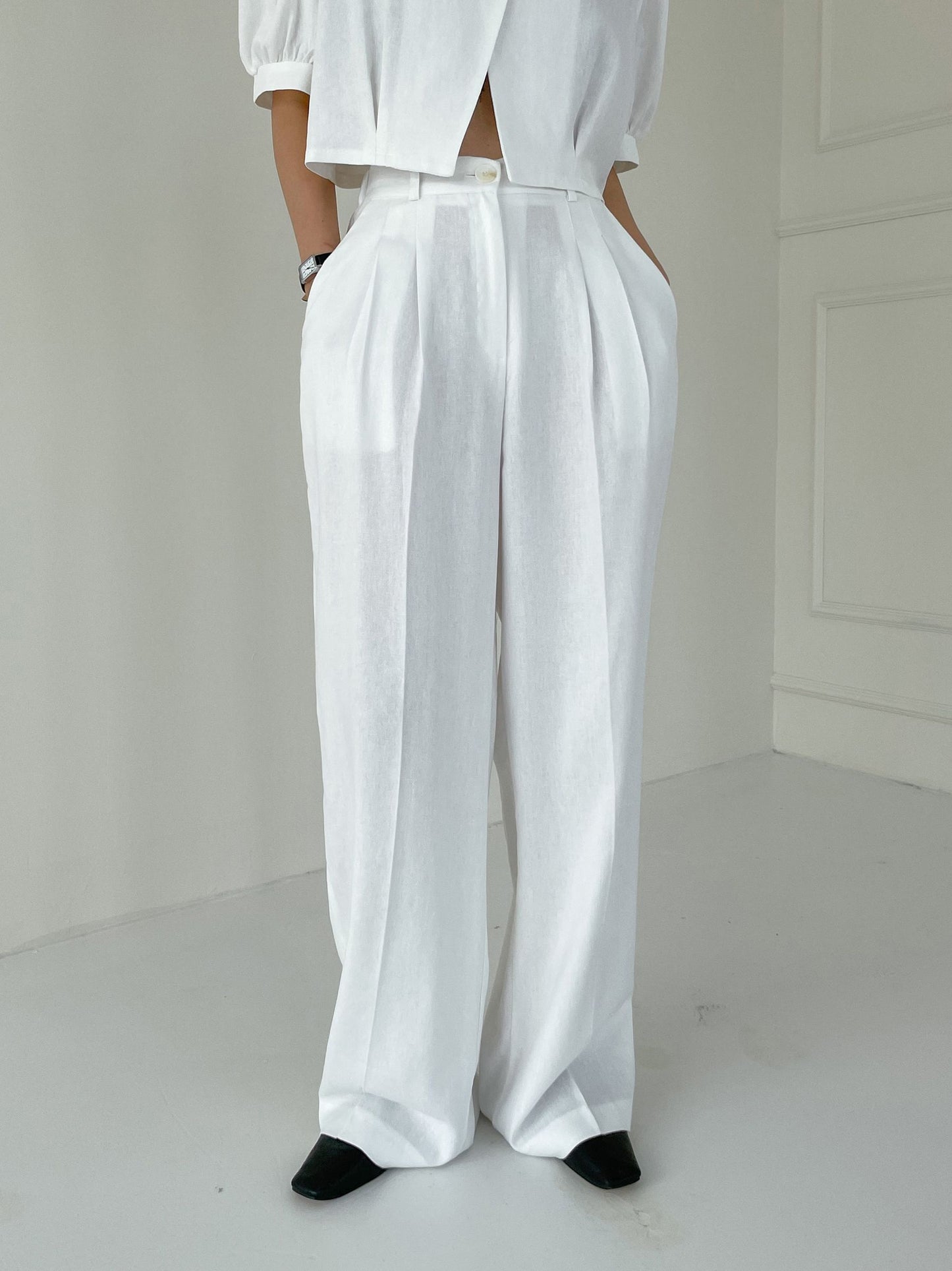 Summer Wave Pintuck Linen Wide Slacks