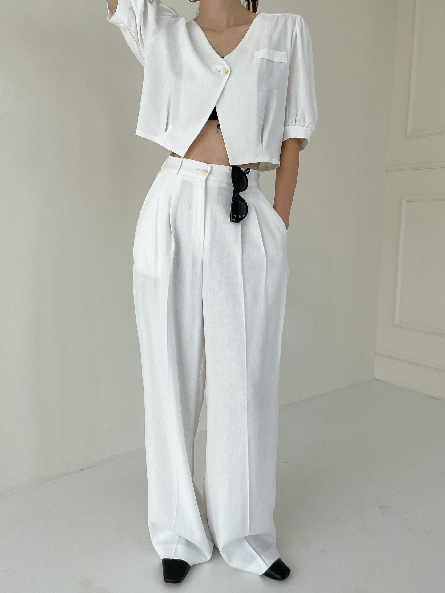 Summer Wave Pintuck Linen Wide Slacks